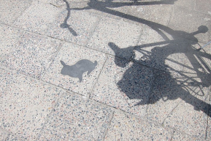 Shadow of a bicycle next to a rabbit silhouette on a textured sidewalk.