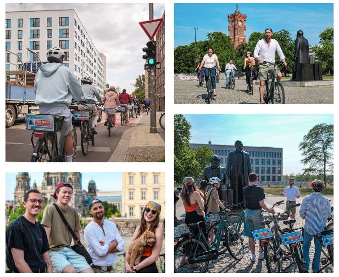 Four cycling scenes with people on bikes in an urban area.